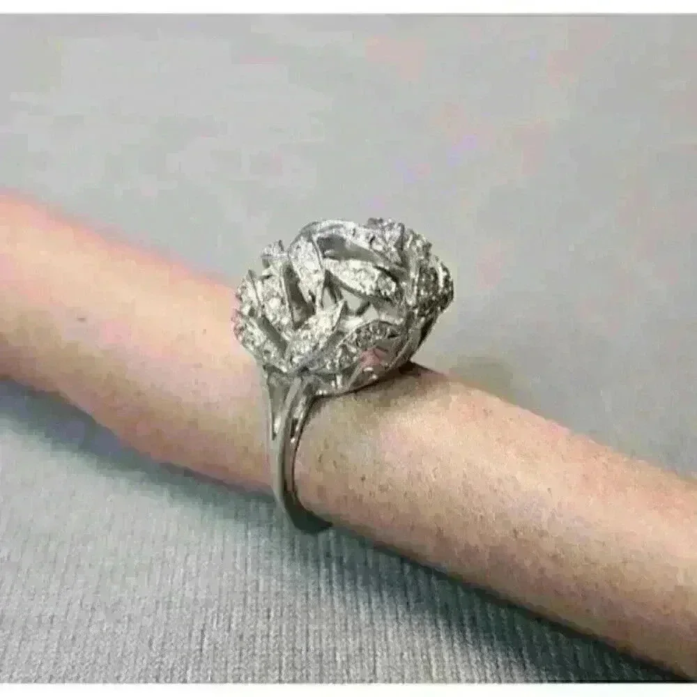 Sterling Silver Pave Leaves Dome Ring .925 Band CZ Ring Cubic Zirconia Size 8
